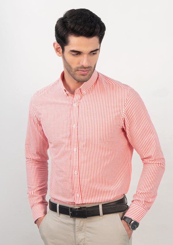 Buttoned Collar Pink & White Striped Shirt - MTO