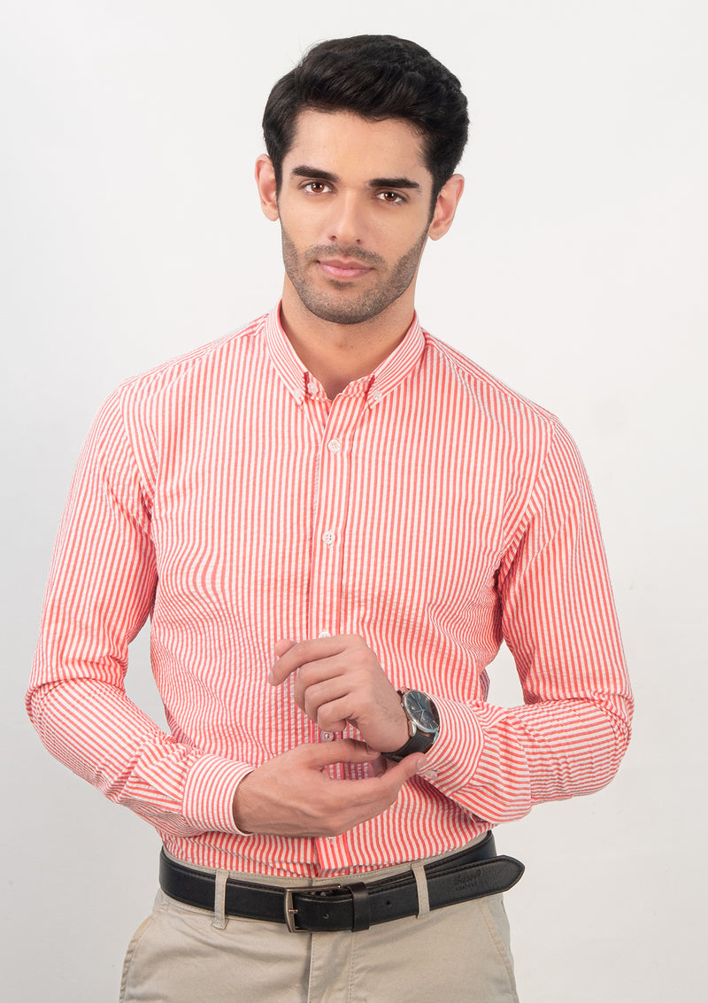 Buttoned Collar Pink & White Striped Shirt - MTO