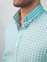 Buttoned Collar Cyan & White Check Shirt - MTO