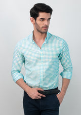 Buttoned Collar Cyan & White Check Shirt - MTO