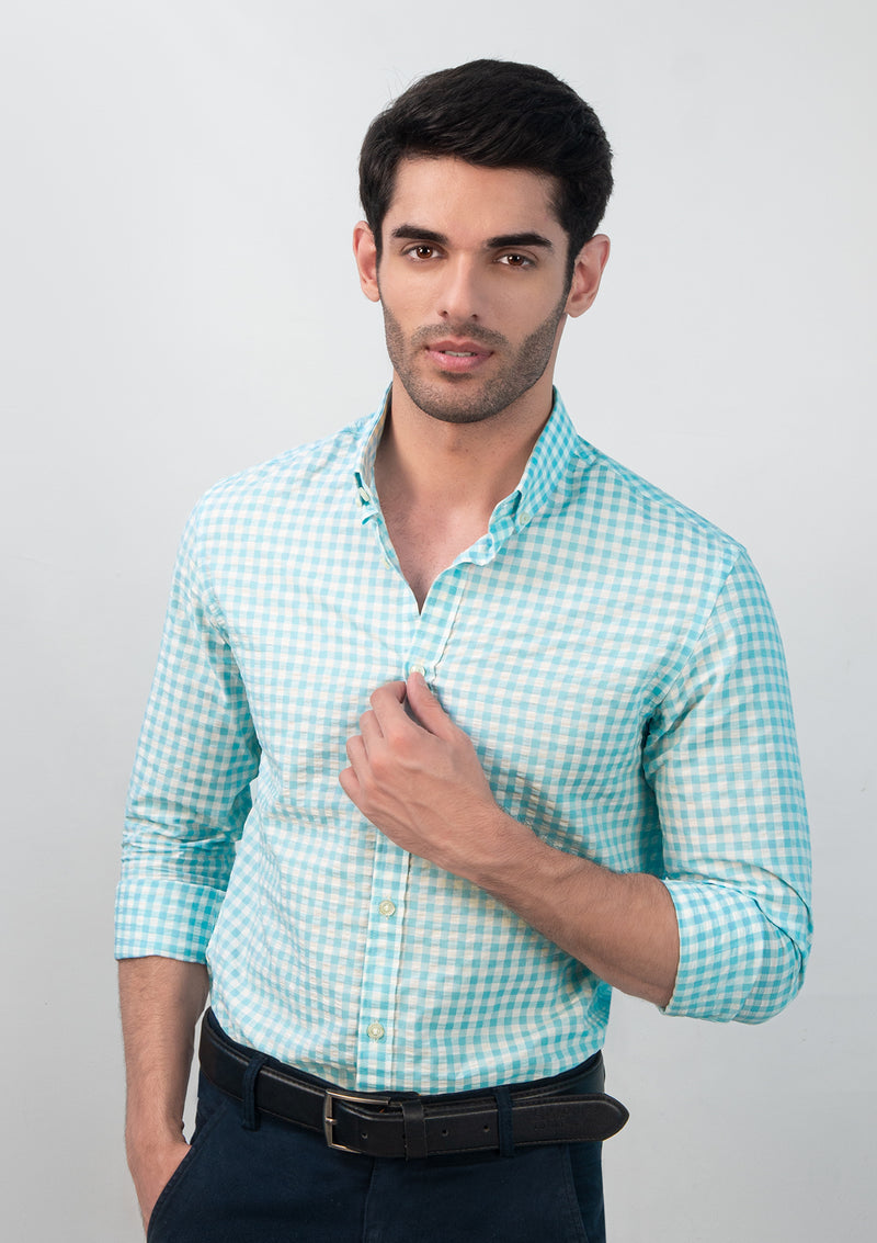 Buttoned Collar Cyan & White Check Shirt - MTO