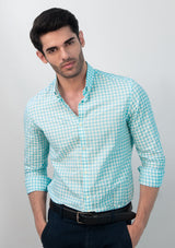 Buttoned Collar Cyan & White Check Shirt - MTO