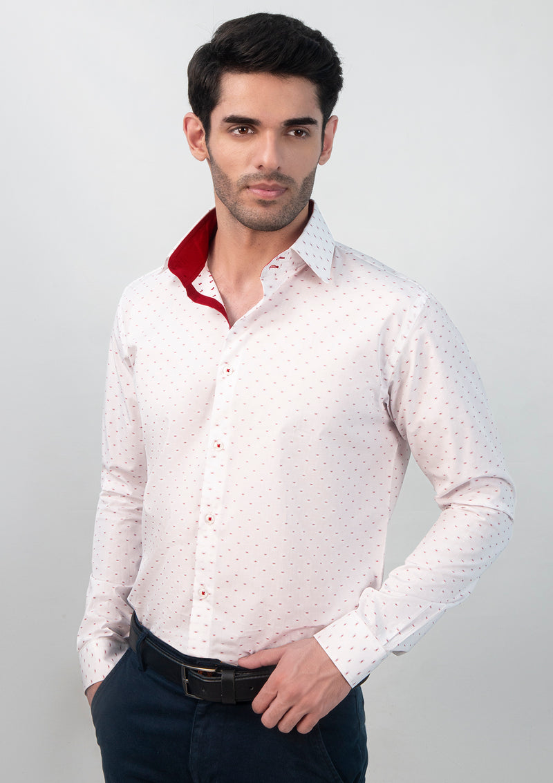 High Collar White & Maroon Printed Shirt - MTO