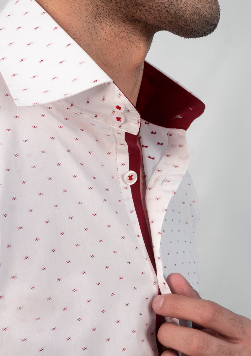 High Collar White & Maroon Printed Shirt - MTO