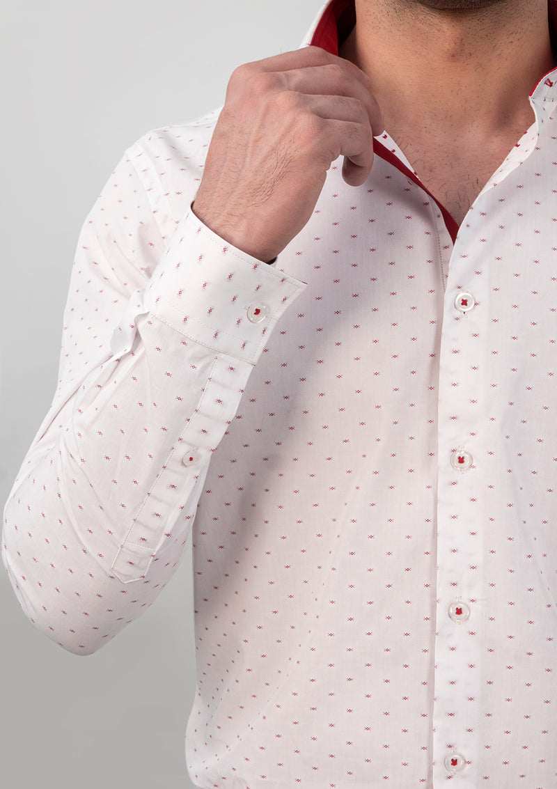 High Collar White & Maroon Printed Shirt - MTO