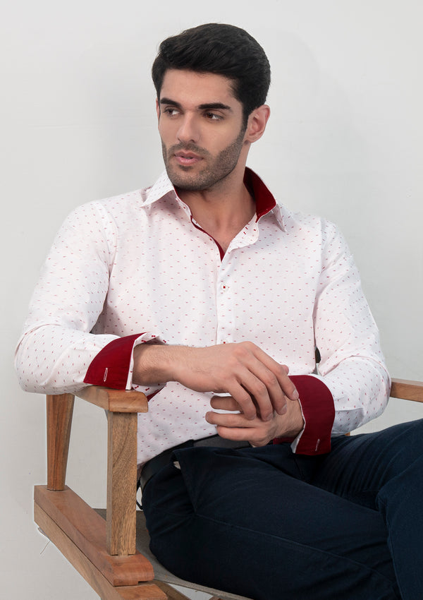 High Collar White & Maroon Printed Shirt - MTO