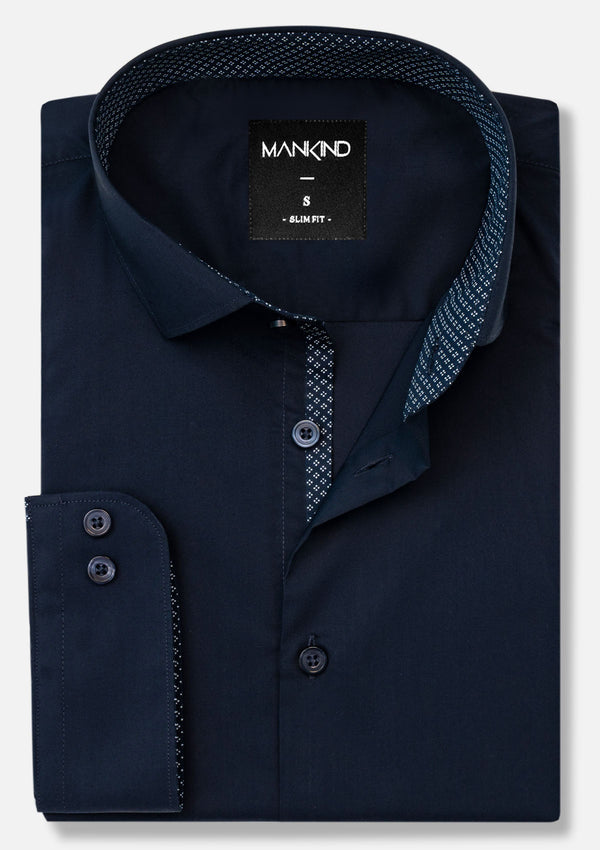 Small Collar Navy Blue Shirt - MTO