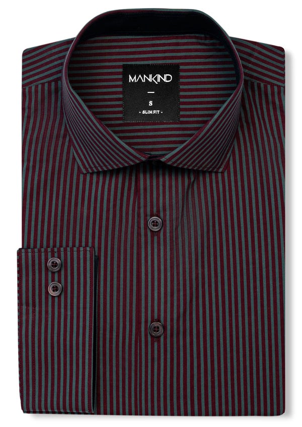 French Collar Maroon & Green Striped Shirt - MTO