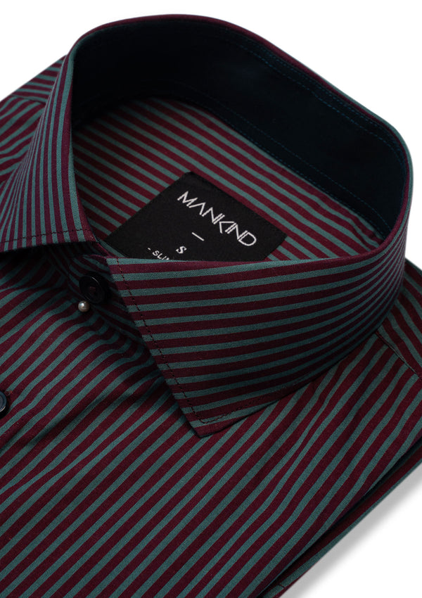 French Collar Maroon & Green Striped Shirt - MTO