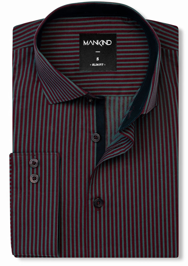 French Collar Maroon & Green Striped Shirt - MTO