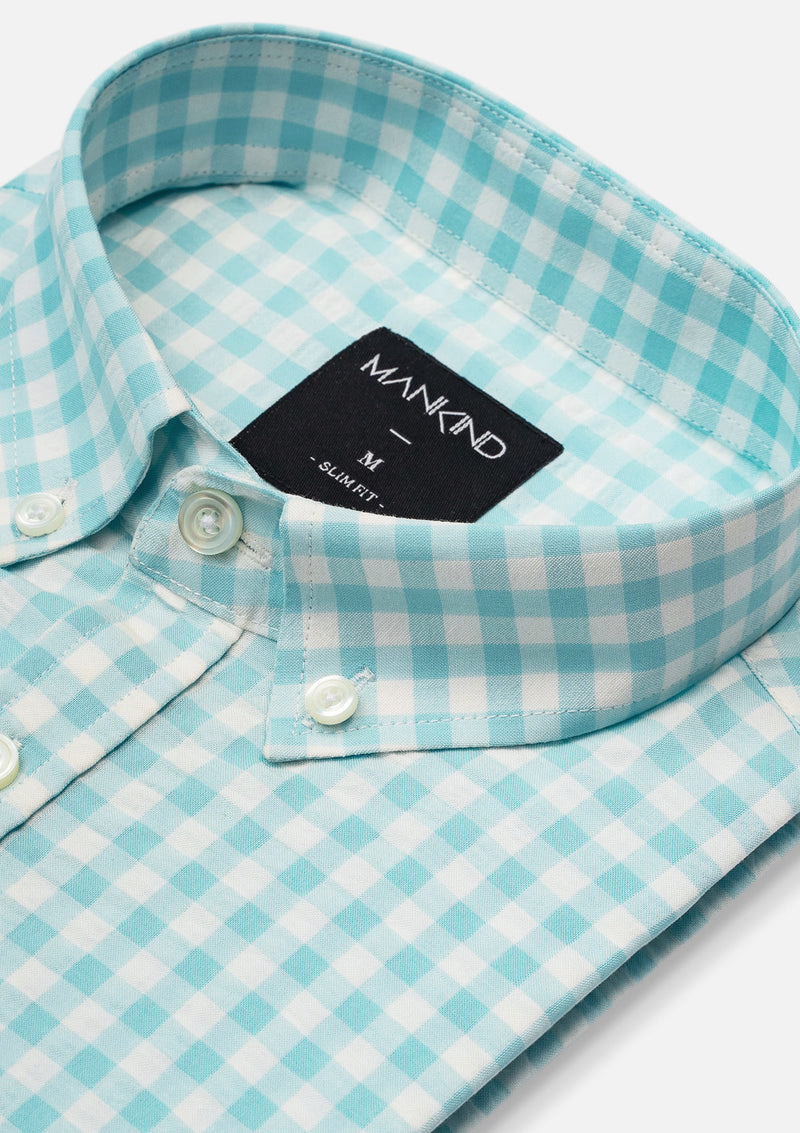 Buttoned Collar Cyan & White Check Shirt - MTO