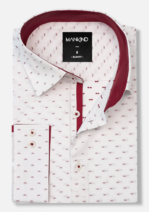 High Collar White & Maroon Printed Shirt - MTO